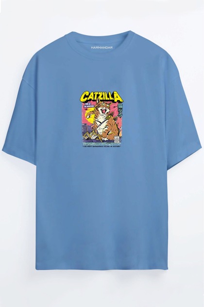 Retro Catzilla Printed Unisex Black Oversize T-shirt