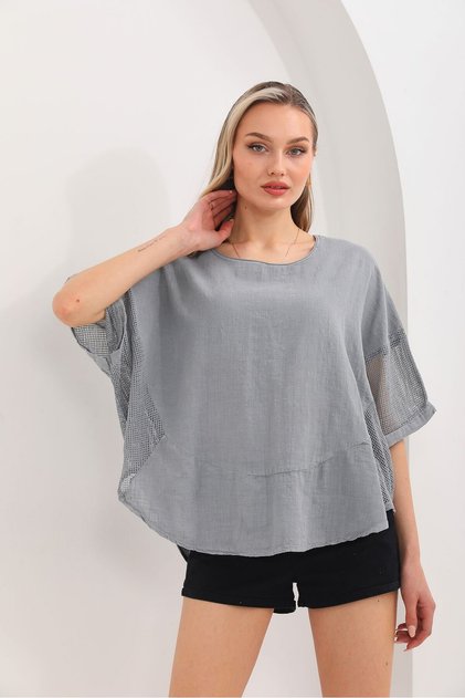 Women's Gray Oval Linen Blouse with Mesh Detail on the Sides