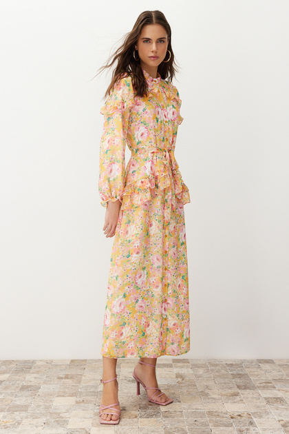 Orange Floral Ruffle Detailed Lined Woven Chiffon Dress TCTSS24EB00003