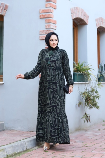 WOMEN'S TESETURY FRONT COLLAR TASSEL AND ARM END RUBBER DETAIL WOVEN VISKOSE FABRIC STYLISH PATTERNED DRESS