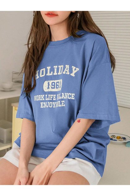 Unisex Kadın/Erkek HOLİDAY Renkli Özel Baskılı Oversize Pamuk Bisiklet Yaka Penye T-Shirt