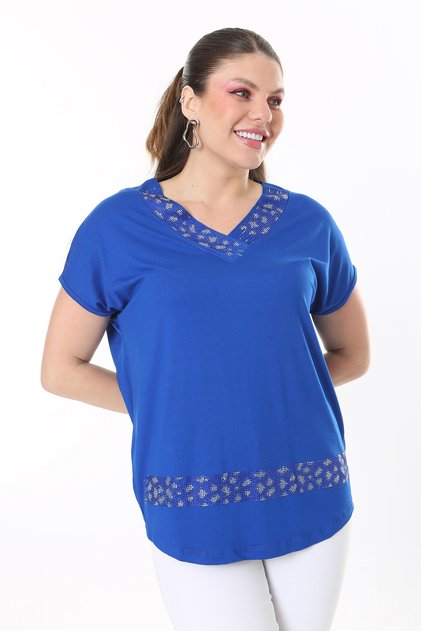 Women's Large Size Saxe Stone Detailed V-Neck Short Sleeve Blouse 65N37673