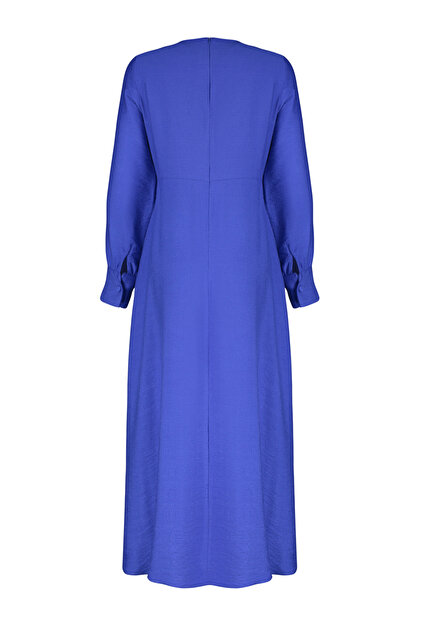 Trendyolmilla Modest Saks Beli Bağlama Detaylı Dokuma Elbise
