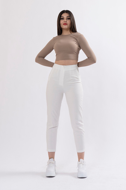 Women's Summer Ecru Trend Model Pencil Detailed High Waist Fabric Trousers 30062