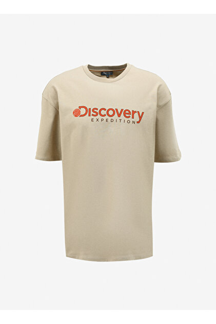 Discovery Expedition Bej Erkek Bisiklet Yaka Loose Fit Baskılı T