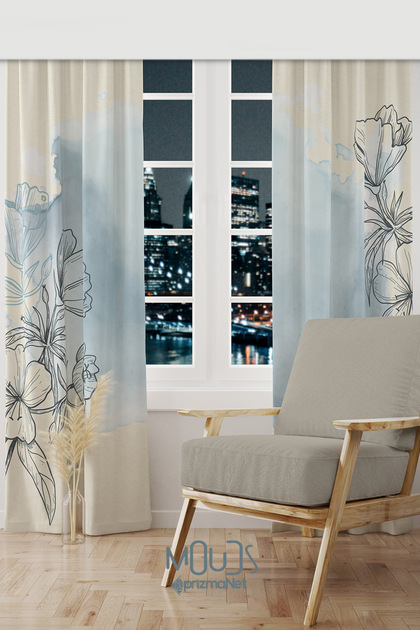 Blue Line Flower Patterned Suede Living Room Hall Background Curtain Printed Extrafor Drawstring 2 Sash PRD-1051