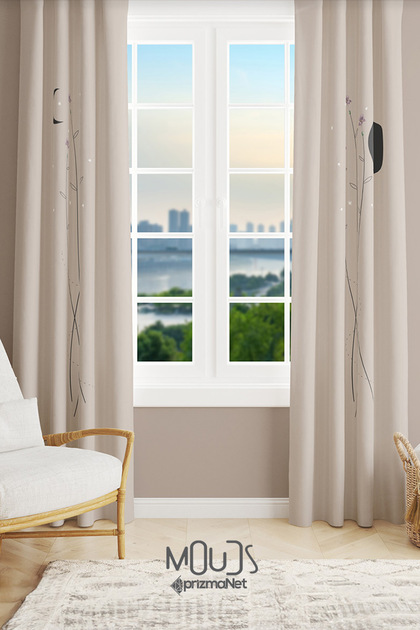 Beige Minimal Flower Patterned Suede Living Room Hall Background Curtain Printed Extrafor Drawstring 2 Sash PRD-1058