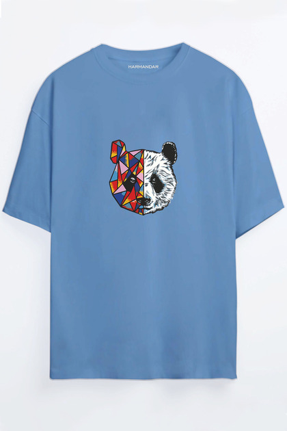 Colorful Panda Printed Claret Red - Blue Oversize T-shirt