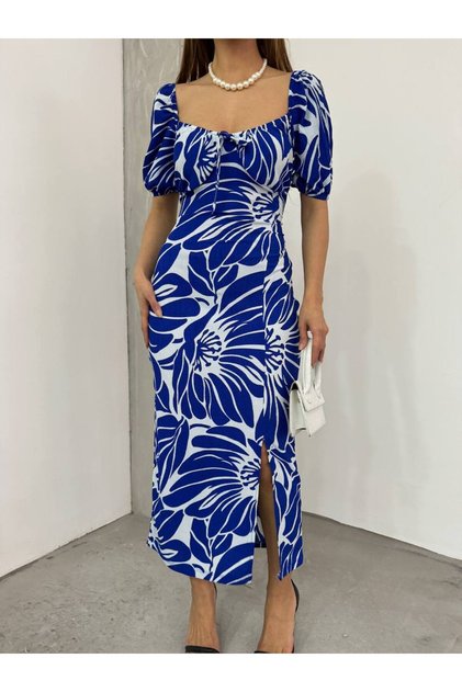 Women's Heart Collar Floral Patterned Summer Fabric Slit Long Tile Tile Dress BLUE