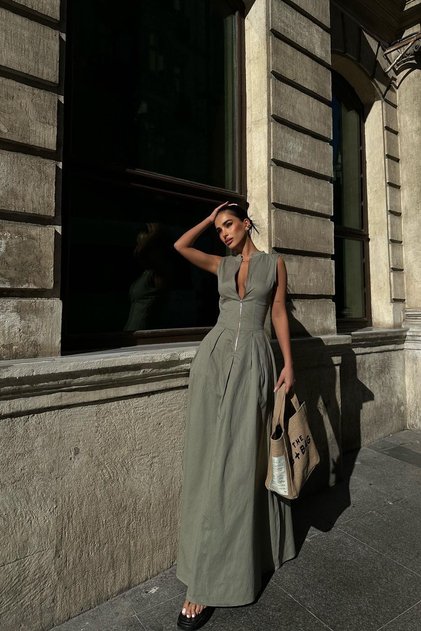 waist-fitting stitched detail zippered wide flared skirt sleeveless pinterest alternative women's linen dress