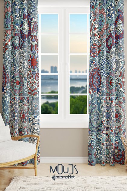 Mosque Tiles 1 Patterned Suede Living Room Hall Background Curtain Extrafor Drawstring 2 Sashes Prd-1086
