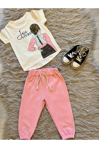 Gofre fabric trousers tunic girls summer 2-piece set