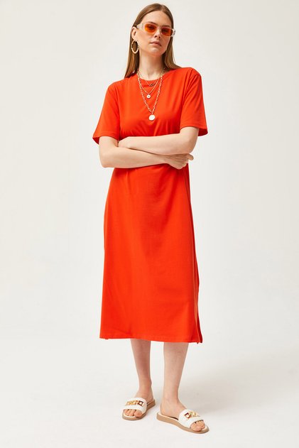 Women's Orange Side Slit Oversize Cotton Dress ELB-19001880