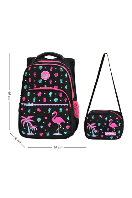 Black Flamingo Orthopedic Primary School Bag with Lunch Box