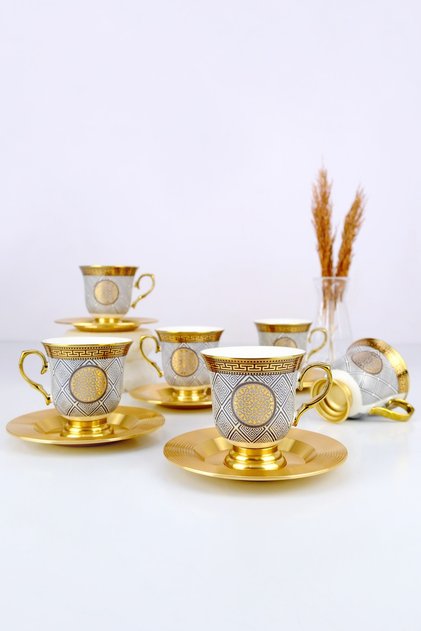 Porselen Magnus 6 Kişilik Kahve Fincan Takımı Gold Yaldızlı Desen-2 - KOH-05014