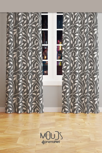 Gray Flora Series Patterned Suede Living Room Hall Background Curtain Printed Extrafor Drawstring 2 Sash PRD-1073