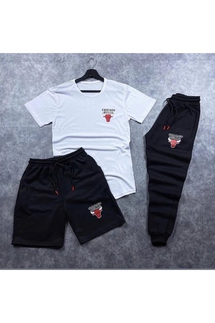 Chicago Baskılı Beyaz - Siyah Slim Fit 3’lü Takım ( Tişört - Şort - Eşofman Alt