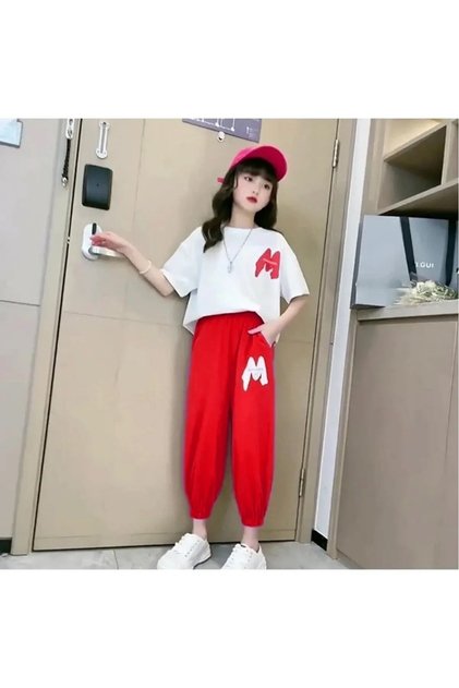 Kids Colorful M Printed Short Sleeve Summer Oversize Girl's Tracksuit Set