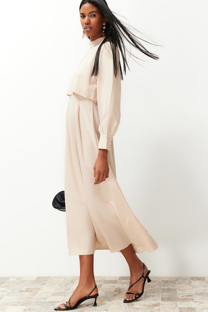 Trendyol Modest Beige Aller Piece Detailed Woven Dress