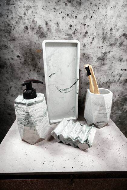 Concrete 4 Piece Marble Patterned Concrete Bathroom Set Solid Liquid Soap Dispenser Toothbrush Holder Towel Holder Tray Green
