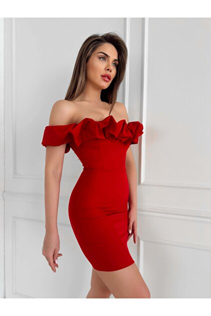 red frilly dress Margaret Ruffle Mini in Chiffon with Rosette fitted bodice that accentuates the waist Amarina Dress with Frills -