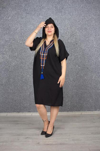 Truva XXL Plus Size Hooded Embroidery Embroidered Linen Dress Black Elb658- Trendyol Truva XXL Plus Size Hooded Embroidery Embroidered Linen Dress Black Elb658- Trendyol