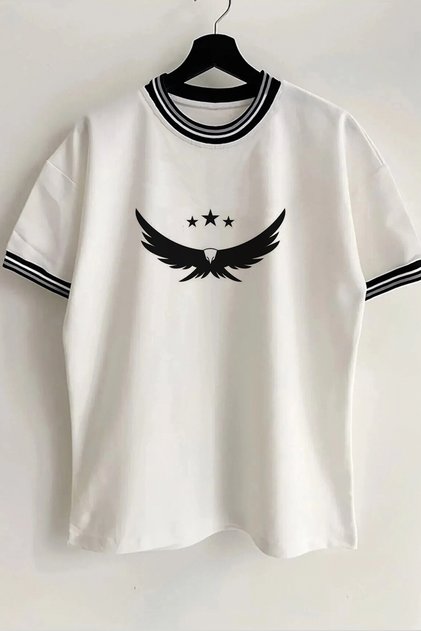Eagle Printed New Season Ribbed White Oversize Unisex T-shirt with Collar and Sleeve Detail