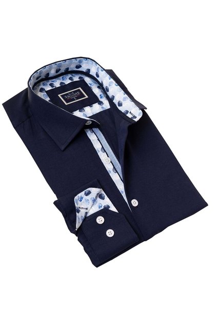 Lacivert Oxford Yaka Ve Manşet Içi Yaprak Desenli Slim Fit Gömlek