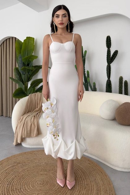 Women's Atlas Fabric Chest Padded Skirting Flounced Midi Length White Dress 161