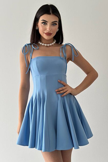 bayansepeti Women's Atlas Fabric Thin Strap Princess Cut Baby Blue Dress  with Collet Detail on the Front 164- Trendyol