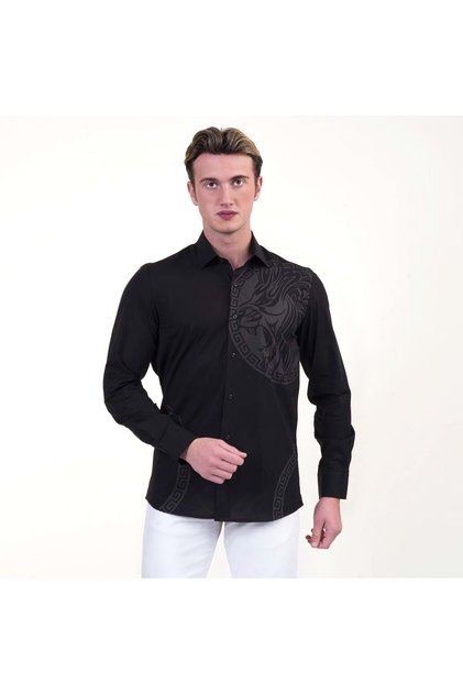 Black Smoked Lion & Waterway Print Slim Special Design Comfortable Loose Fit Men's Shirt