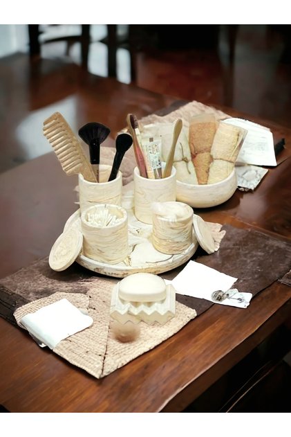 Marble Beige Series Concrete Bathroom Set with Tray, Cotton Holder, Towel Holder and Soap Dish Set