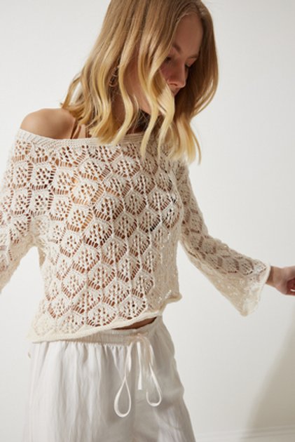 Kadın Krem Ajurlu Crop Triko Bluz AN00184