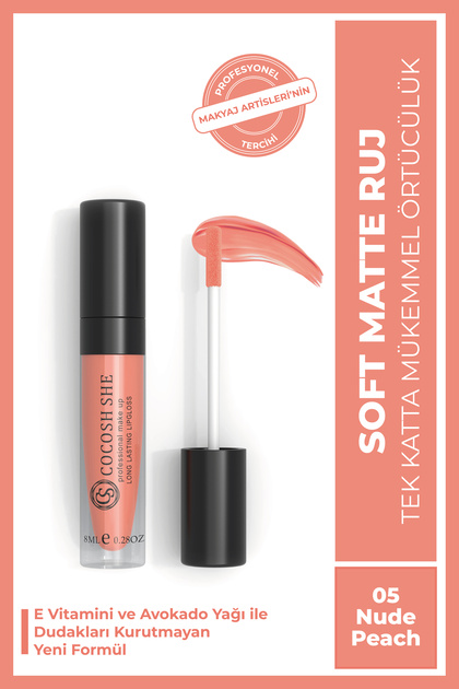 Soft Matte Likit Mat Ruj 05 Nude Peach, E Vitamini, Avokado Yağı, Kremsi Doku, Mat Bitiş, Bulaşmaz
