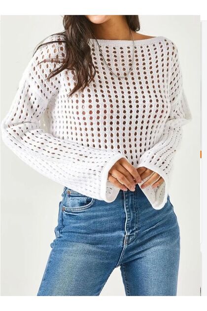Women's White Spanish Sleeve Wide Collar Openwork Loose Perforated Crop Knitwear Blouse