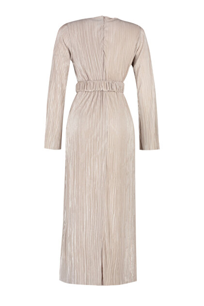 Trendyol Modest Gold Knitted Dress - Belt and Pleated, TCTSS24EB00154-  Trendyol