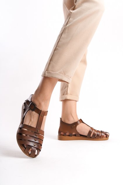 Genuine Leather Hira Tan Banded Adjustable Flat Sole Sandals