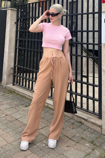 Madmext Camel Krinkıl Kumaş Basic Kadın Plaj Pantolon Mg1778