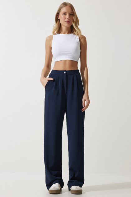 Women's Navy Blue Lycra Comfortable Palazzo Knitted Trousers RV00175
