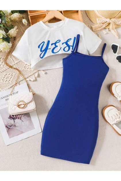 Kids Yes Printed Dress & Crop T-shirt Combination