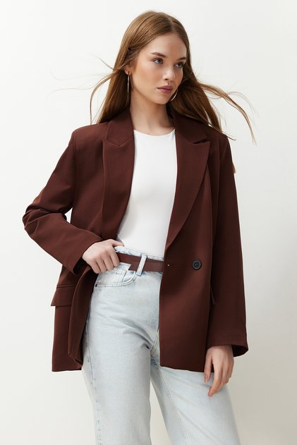 Brown Oversized Straight-Cut Basic Double-Breasted Woven Blazer Jacket TWOSS24BC00028