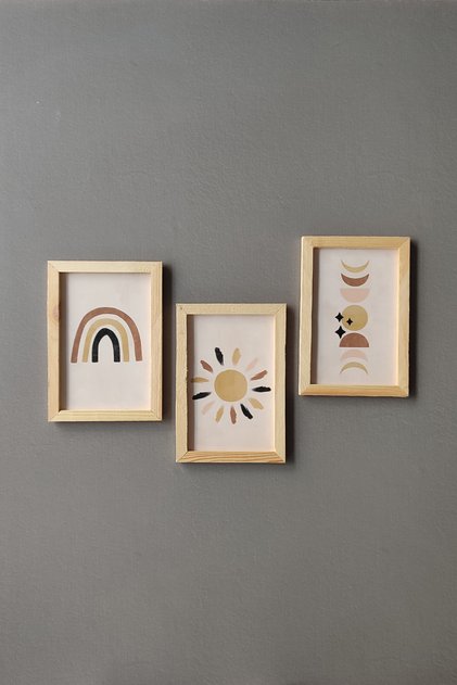 Kids Room Wooden Framed Painting Set, 3 Piece Minimalist Decor Set
