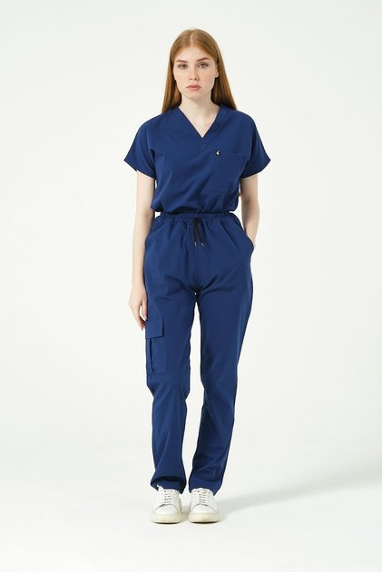 Cobalt Blue Lycra Scrubs Cargo Pocket Doctor Nurse Uniform Bat Sleeve Set Unisex