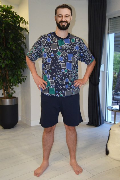 Men's Patterned Navy Blue Collar Buttoned Plus Size Pajama Set