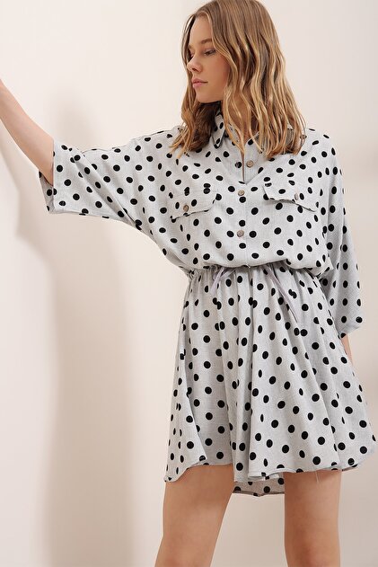 Trend Alaçatı Stili Kadın Gri-Desenli Safari Dokuma Gömlek Elbise ALC-X6196 - 2