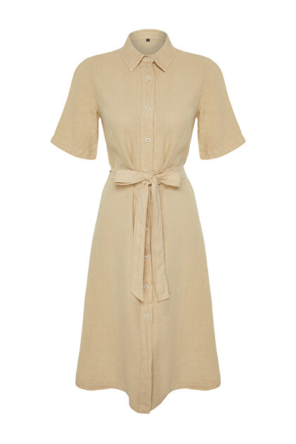 Trendyol Collection Beige 100% Linen Maxi Shirt Dress TWOSS24EL00664- Trendyol Trendyol Collection Beige 100% Linen Maxi Shirt Dress TWOSS24EL00664- Trendyol