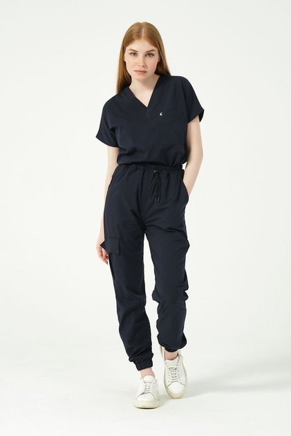 Navy Blue Lycra Scrubs Cargo Pocket Jogger Leg Doctor Nurse Uniform Bat Sleeve Set Unisex