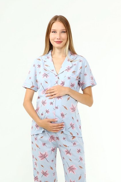Likapa Combed Cotton Front Buttoned Maternity Short Sleeve Pajama Set, 100% Cotton