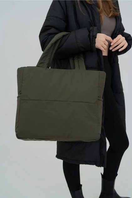 Khaki Color Embossed Puff Fabric Shopper Bag