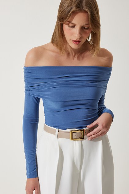 Women's Indigo Blue Off-the-Shoulder Shirring Detailed Blouse FF00161